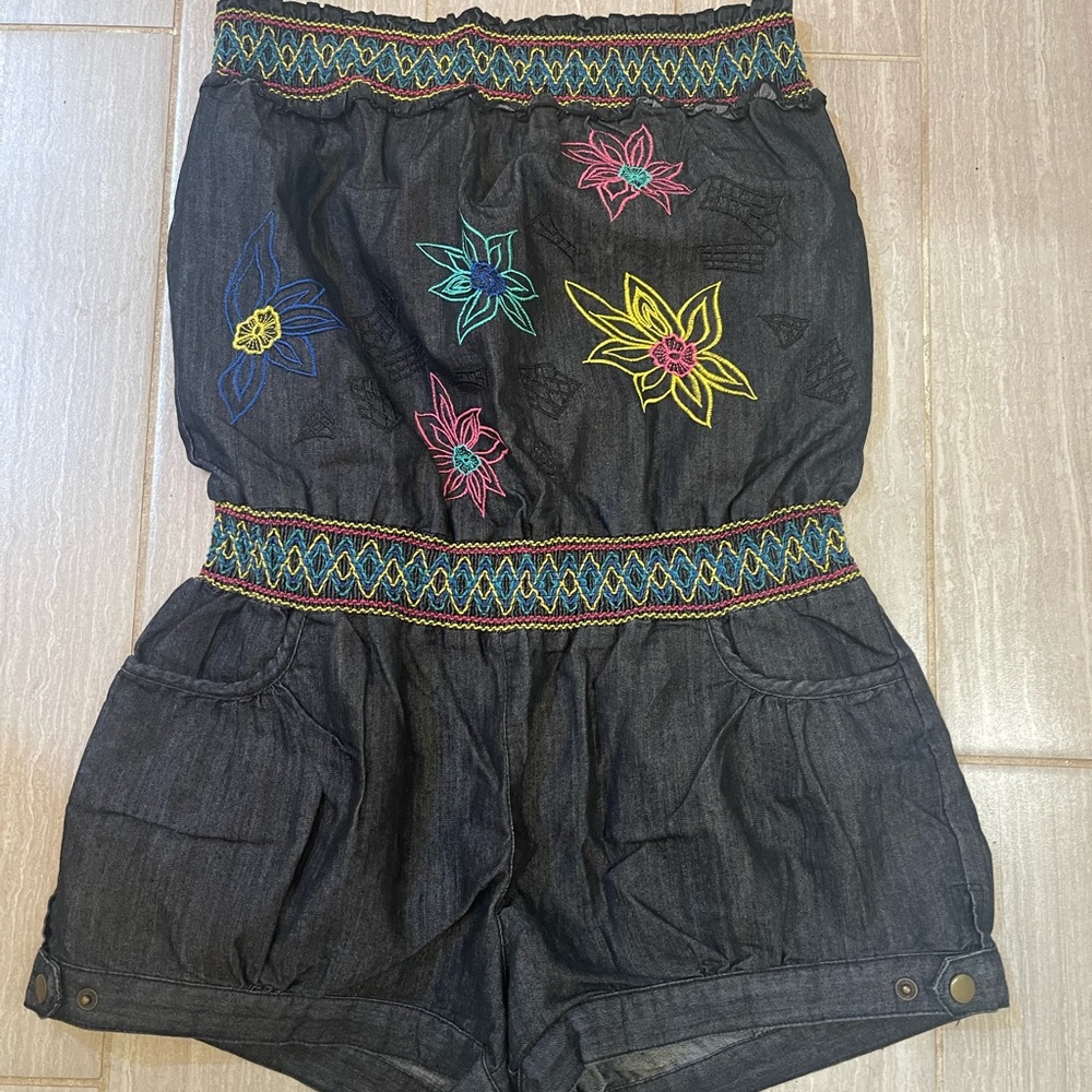 Super cute jean romper with embroidery embellishment and snap leg closure